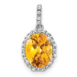 14k White Gold 9x7mm Oval Citrine and Diamond Halo Pendant