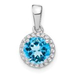 14k White Gold 6.5mm Round Blue Topaz and Diamond Halo Pendant