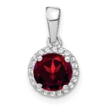 14k White Gold 6.5mm Round Garnet and Diamond Halo Pendant