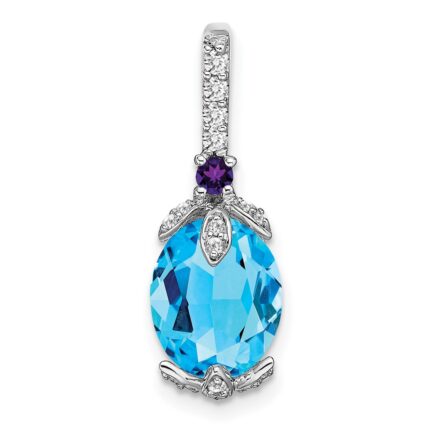14k White Gold 10x8mm Oval Blue Topaz/Amethyst/Diamond Pendant