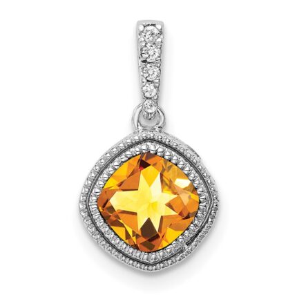 14k White Gold 6mm Cushion Citrine and Diamond Pendant
