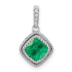 14k White Gold Cushion Emerald and Diamond Pendant with Side Diamond Detail
