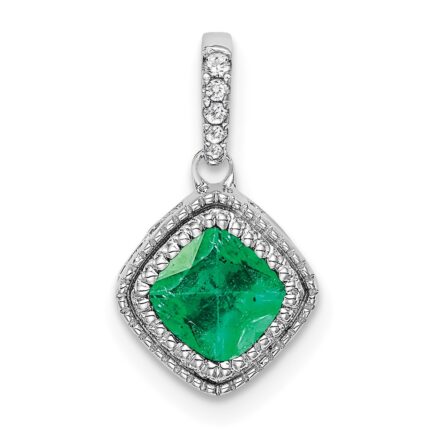 14k White Gold Cushion Emerald and Diamond Pendant with Side Diamond Detail