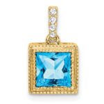 14k 6mm Square Blue Topaz and Diamond Pendant