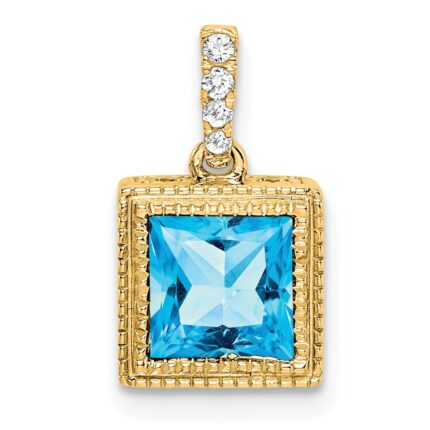 14k 6mm Square Blue Topaz and Diamond Pendant