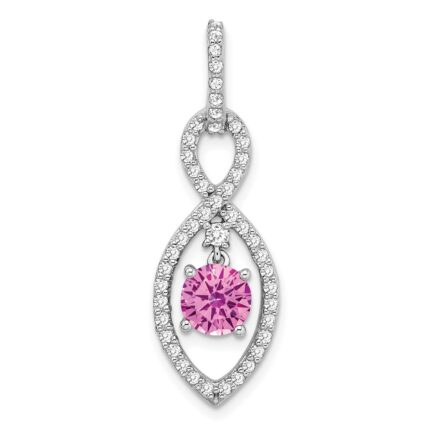 14k White Gold Round Lab Created Pink Sapphire and Diamond Chain Slide