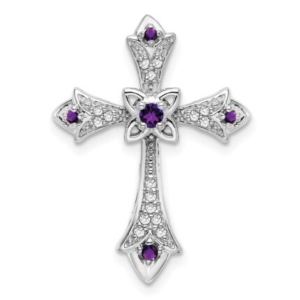 10k White Gold Amethyst and Diamond Fleur de Lis Cross Chain Slide