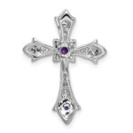 14k White Gold Round Amethyst and Diamond Fleur de Lis Cross Chain Slide - Image 4