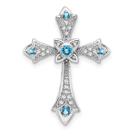14k White Gold Round Blue Topaz and Diamond Fleur de Lis Cross Chain Slide