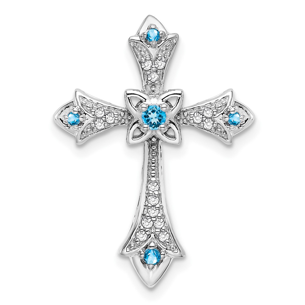 PM7175-BT-008-WA.jpg 14k White Gold Round Blue Topaz and Diamond Fleur de Lis Cross Chain Slide - Image 1