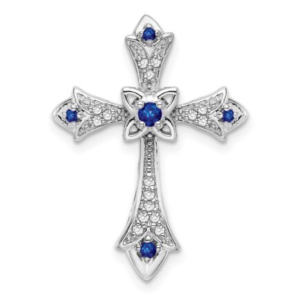 14k White Gold Round Sapphire and Diamond Fleur de Lis Cross Chain Slide