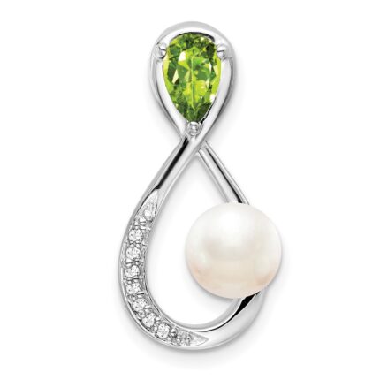 14k White Gold 6x4mm Pear Peridot/Freshwater Cultured Pearl/Diamond Infinity Chain Slide