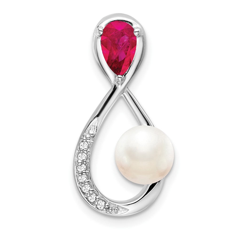 PM7182-RU-004-WA.jpg 14k White Gold Pear Ruby/Freshwater Cultured Pearl/Diamond Infinity Chain Slide - Image 1