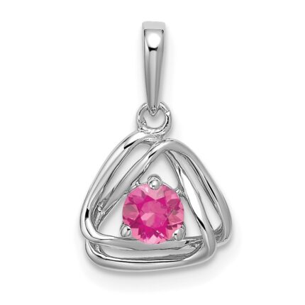 14k White Gold 4mm Round October/Pink Tourmaline Triangle Pendant
