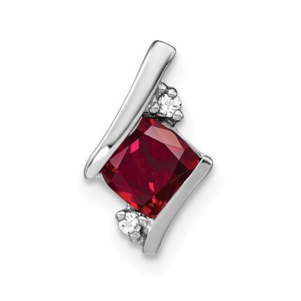 14k White Gold 7mm Cushion July/Lab Created Ruby and Diamond Chain Slide