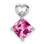 14k White Gold 7mm Cushion October/Lab Created Pink Sapphire and Diamond Heart Chain Slide
