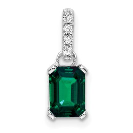 10k White Gold Created Emerald and Diamond Pendant