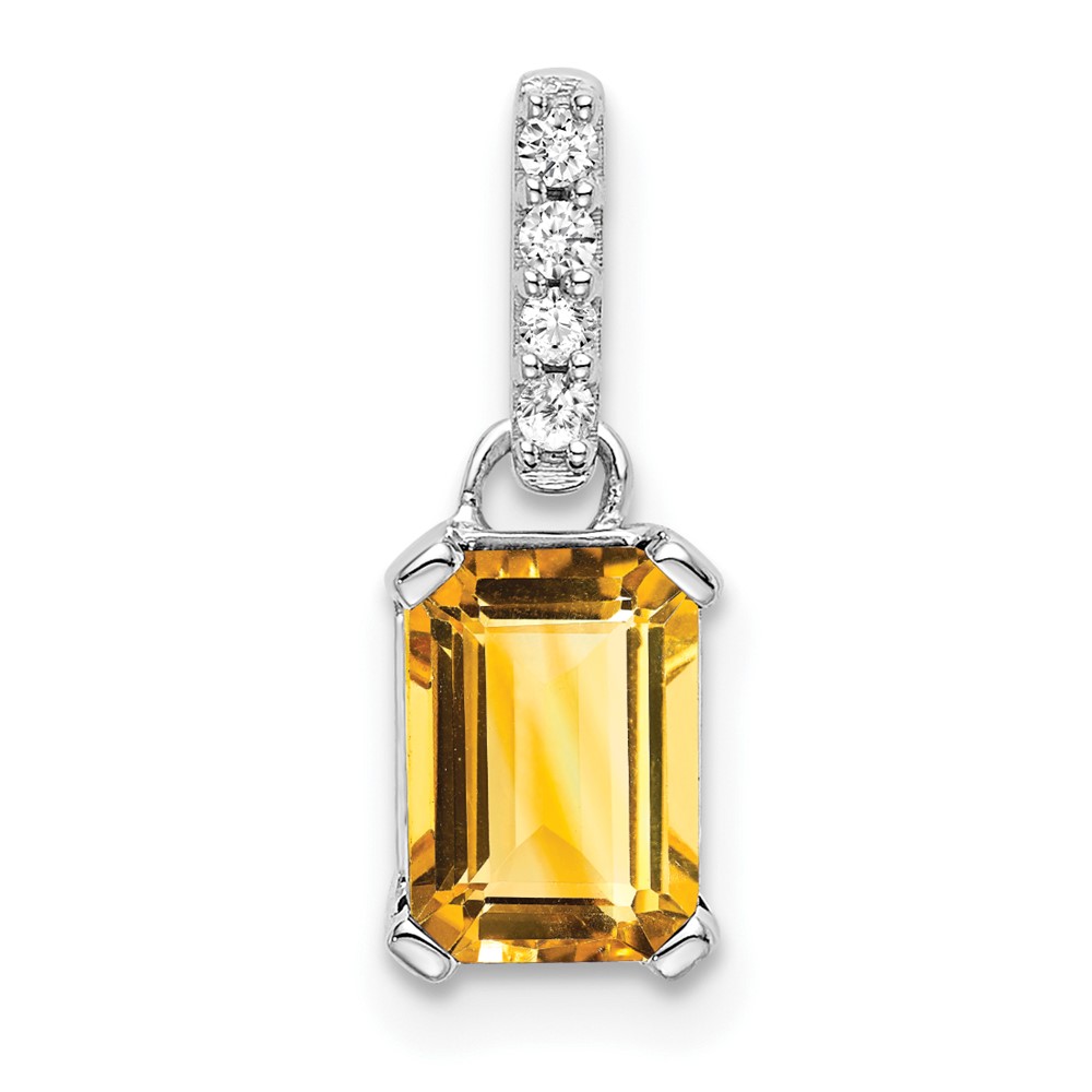 PM7410-CI-004-WA.jpg 14k White Gold 7x5 Emerald-cut November/Citrine and Diamond Pendant - Image 1