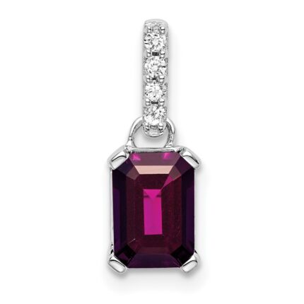 14k White Gold 7x5 Emerald-cut June/Rhodolite Garnet and Diamond Pendant