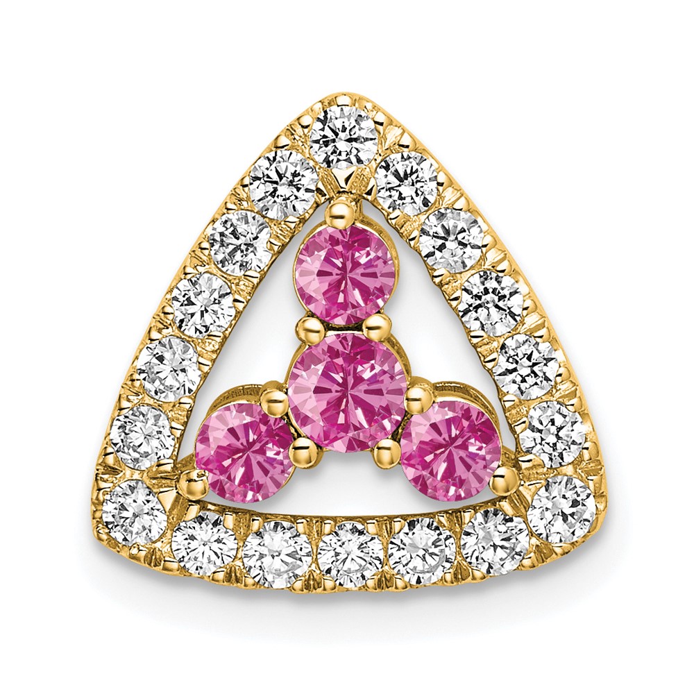 PM7932-CPS-045-YAA.jpg Pure Serenity 14k 3/8 carat Lab Grown Diamond VS/SI+ G+ and Lab Created Pink Sapphire Triangle Pendant - Image 1