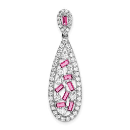 Pure Serenity 14k White Gold 7/8 carat Lab Grown Diamond VS/SI+ G+ and Lab Created Pink Sapphire Teardrop Dangle Pendant