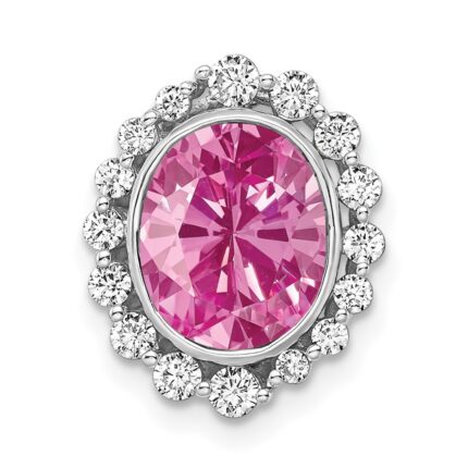 14k White Gold 1/2 carat Lab Grown Diamond VS/SI and Oval Lab Created Pink Sapphire Halo Chain Slide Pendant