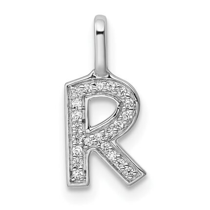 14K White Gold Diamond Letter R Initial Pendant