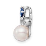 14k White Gold 7-8mm Round White Freshwater Cultured Pearl/Square Sapphire/Diamond Chain Slide - Image 2