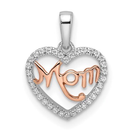 14k Two-tone White and Rose Diamond MOM Script Heart Pendant