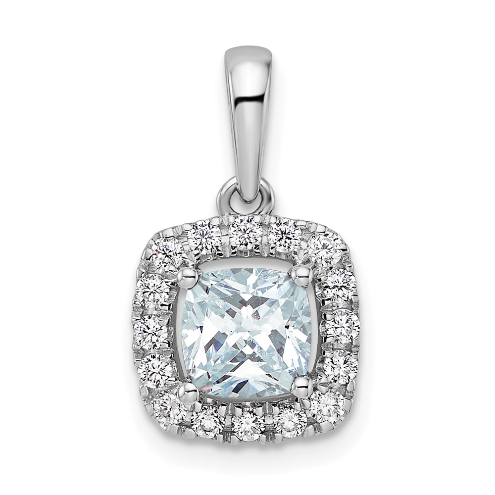PM9037-AQ-028-WAA.jpg 14k White Gold 1/4 carat Lab Grown Diamond VS/SI+ G+ March Birthstone Aquamarine Halo Pendant - Image 1