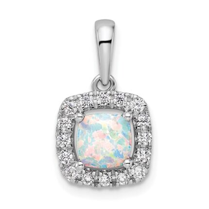 14k White Gold 1/4 carat Lab Grown Diamond VS/SI+ G+ October Birthstone Lab Created Opal Halo Pendant