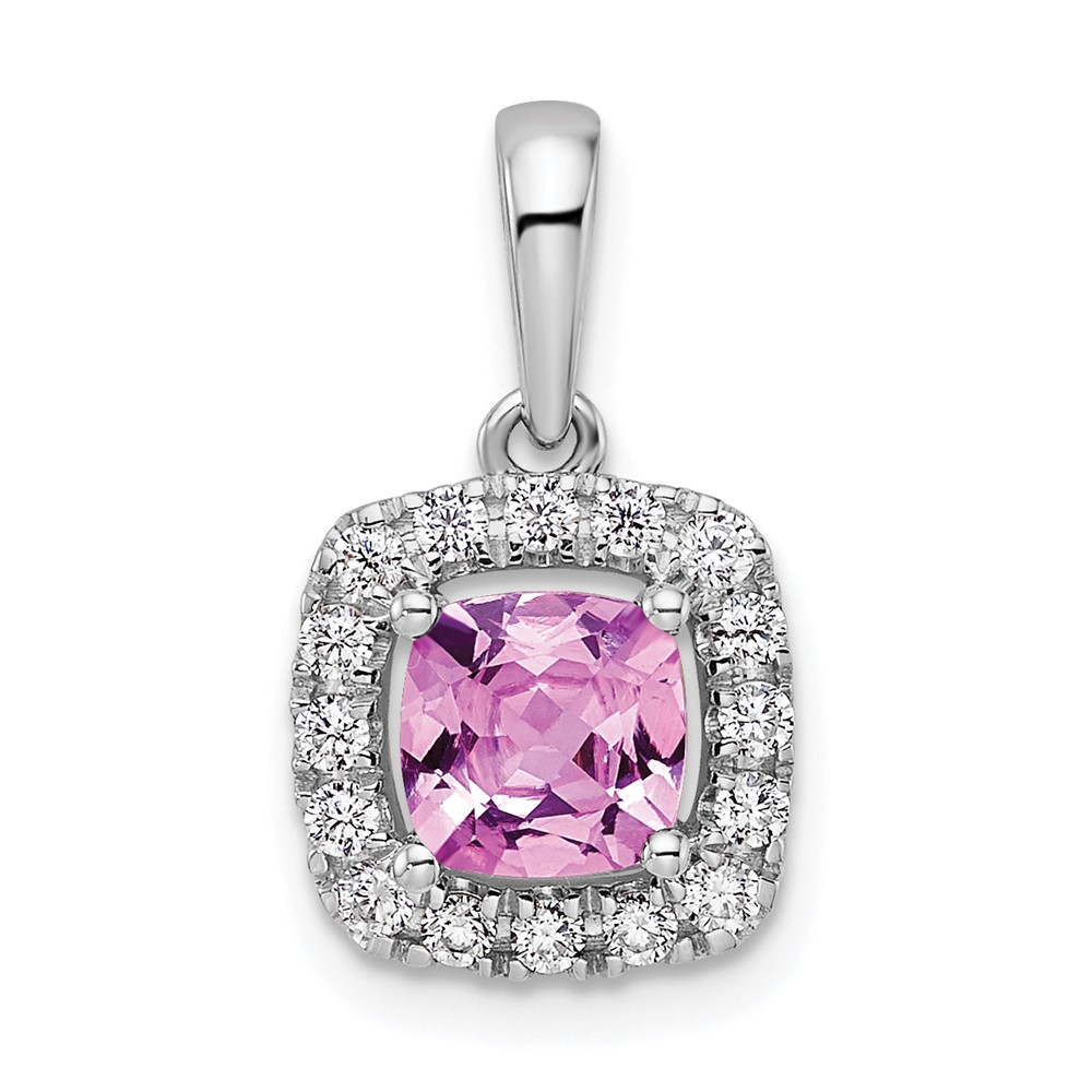 PM9037-CPS-028-WAA.jpg 14k White Gold 1/4 carat Lab Grown Diamond VS/SI+ G+ October Birthstone Lab Created Pink Sapphire Halo Pendant - Image 1