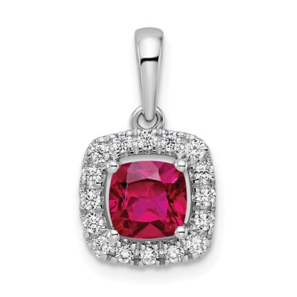 14k White Gold 1/4 carat Lab Grown Diamond VS/SI+ G+ July Birthstone Lab Created Ruby Halo Pendant