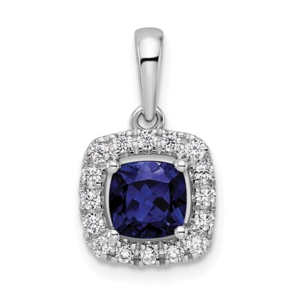 14k White Gold 1/4 carat Lab Grown Diamond VS/SI+ G+ September Birthstone Lab Created Blue Sapphire Halo Pendant