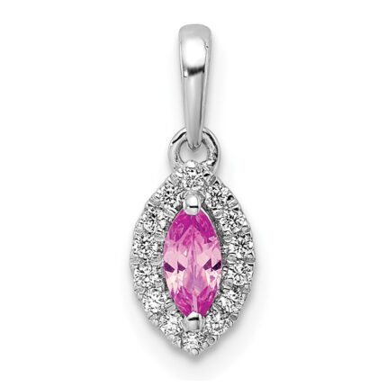 14k White Gold 1/10 carat Lab Grown Diamond VS/SI+ G+ and Lab Created Pink Sapphire October Birthstone Pendant