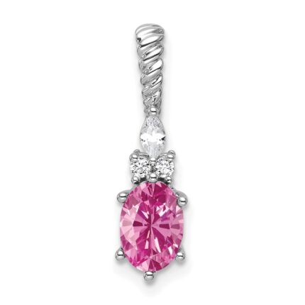 14K White Gold Diamond and 7x5 Oval October/Lab Created Pink Sapphire Twisted Chain Slide