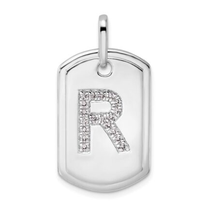 14K White Gold  Diamond Initial R Dog Tag Charm