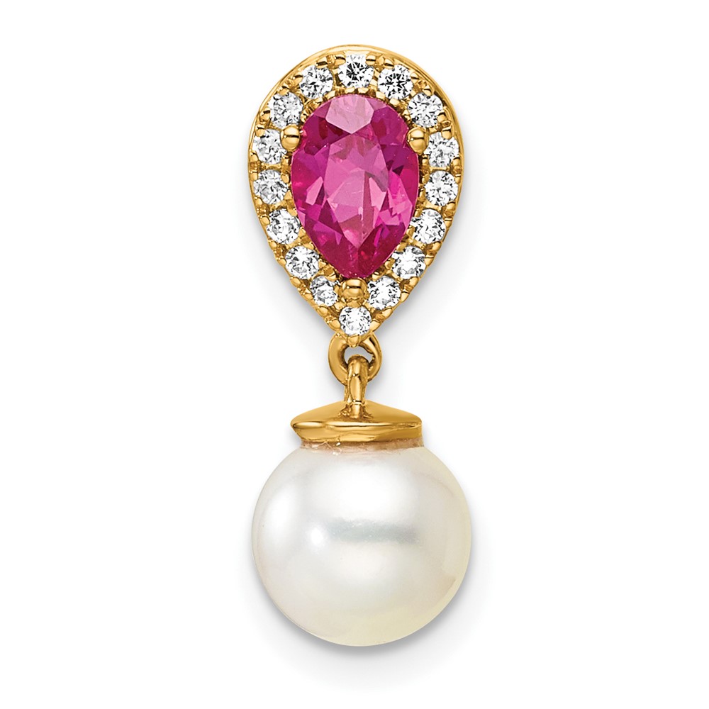 PM9982-RU-010-YAA.jpg 14K 6-7mm Round White Freshwater Cultured Pearl/Pear Ruby/Diamond Teardrop Chain Slide - Image 1