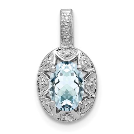 Sterling Silver Rhodium-plated Diam. & Aquamarine Pendant