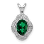 Sterling Silver Rhodium-plated Diam. & Created Emerald Pendant