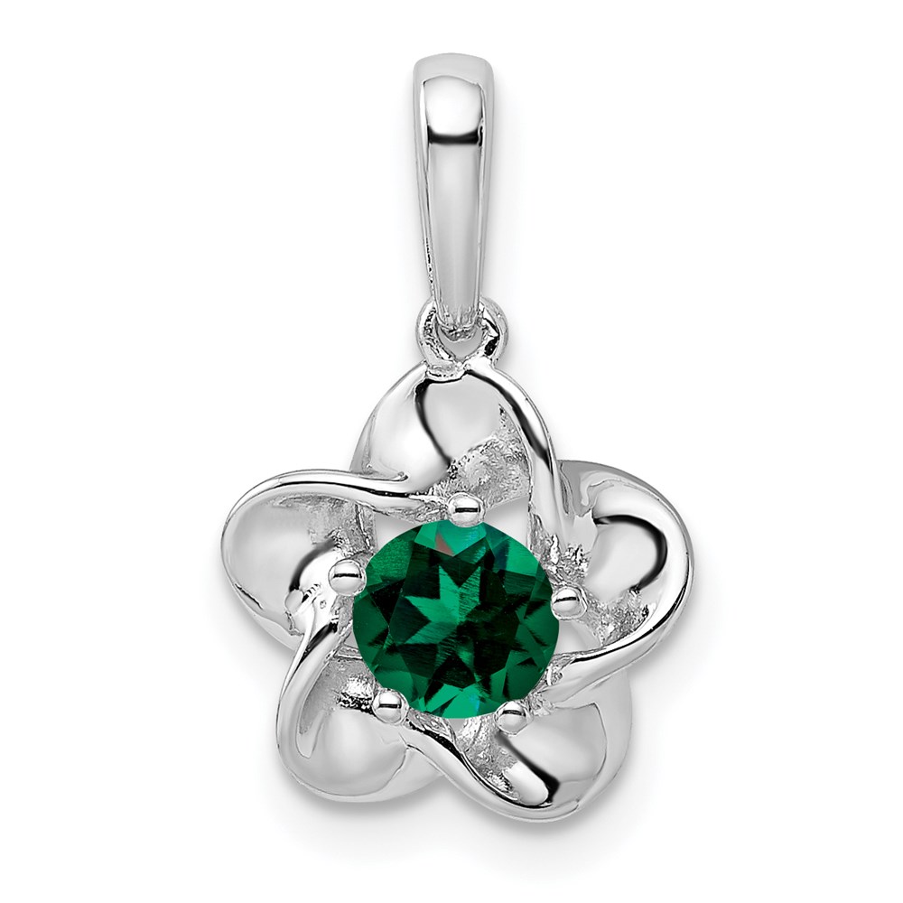 QBPD31MAY.jpg Sterling Silver Rhodium-plated Floral Created Emerald Pendant - Image 1