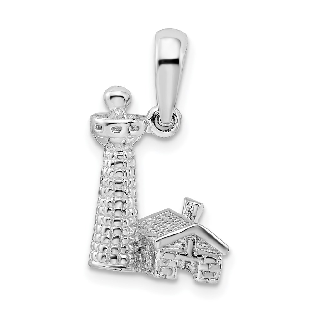 QC10015.jpg De-Ani Sterling Silver Rhodium-Plated Polished and Textured 3D Lighthouse Pendant - Image 1