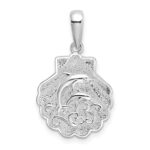 De-Ani Sterling Silver Rhodium-Plated Polished and Textured Shell / Dolphins Pendant