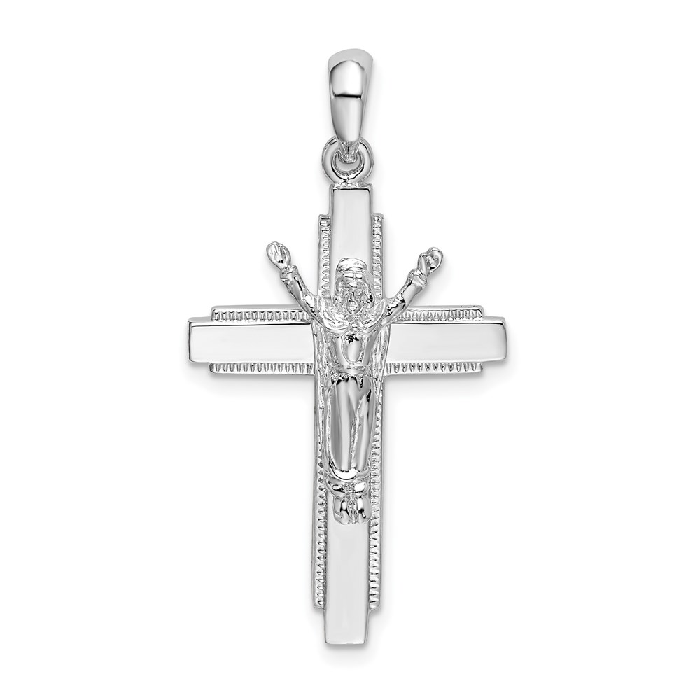QC10116.jpg De-Ani Sterling Silver Rhodium-Plated Polished Beaded Edge Crucifix Pendant - Image 1