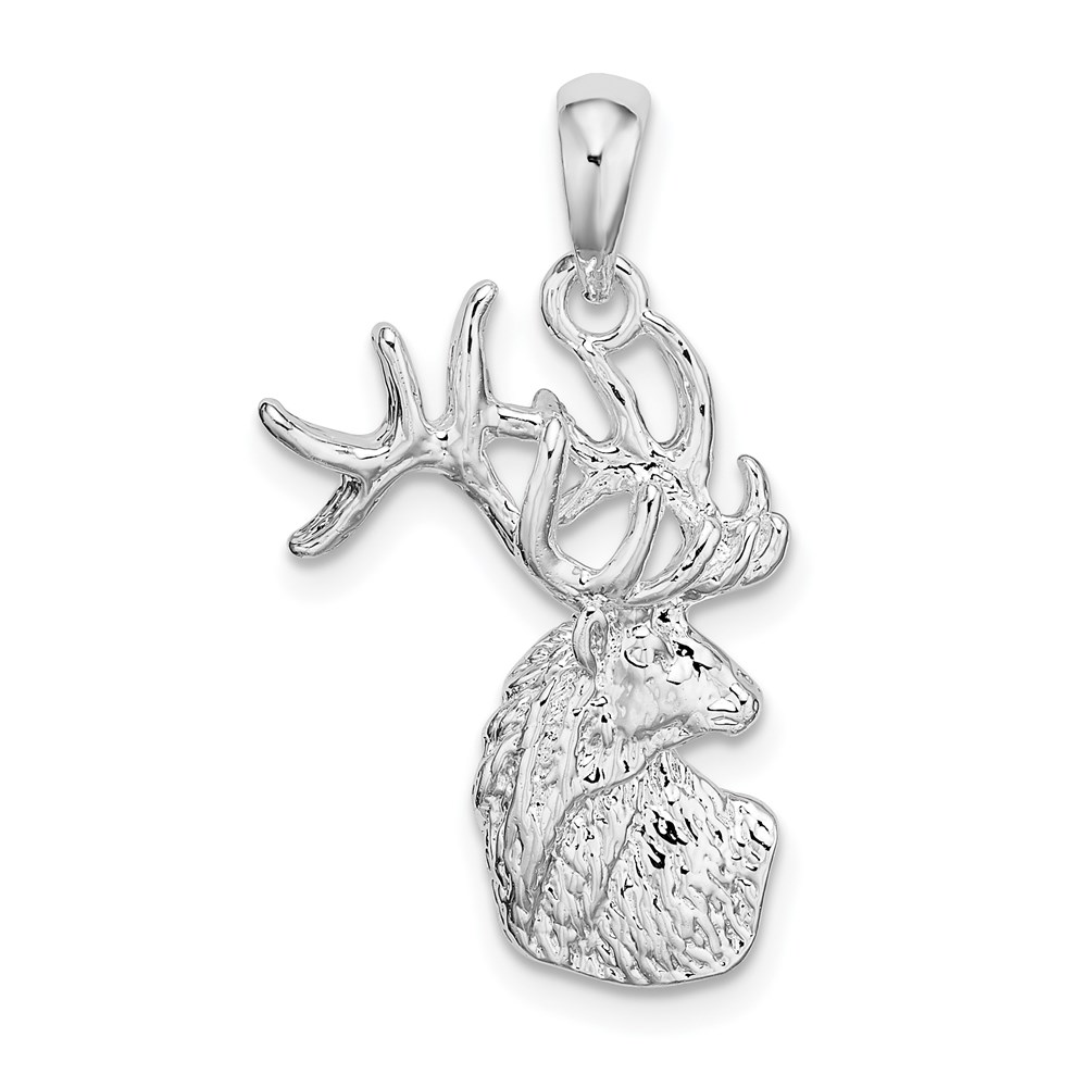 QC10122.jpg De-Ani Sterling Silver Rhodium-Plated Polished and Textured Deer Head Pendant - Image 1
