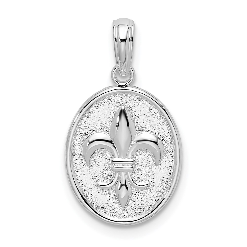 QC10132.jpg De-Ani Sterling Silver Rhodium-Plated Polished and Textured Fleur de Lis Oval Pendant - Image 1