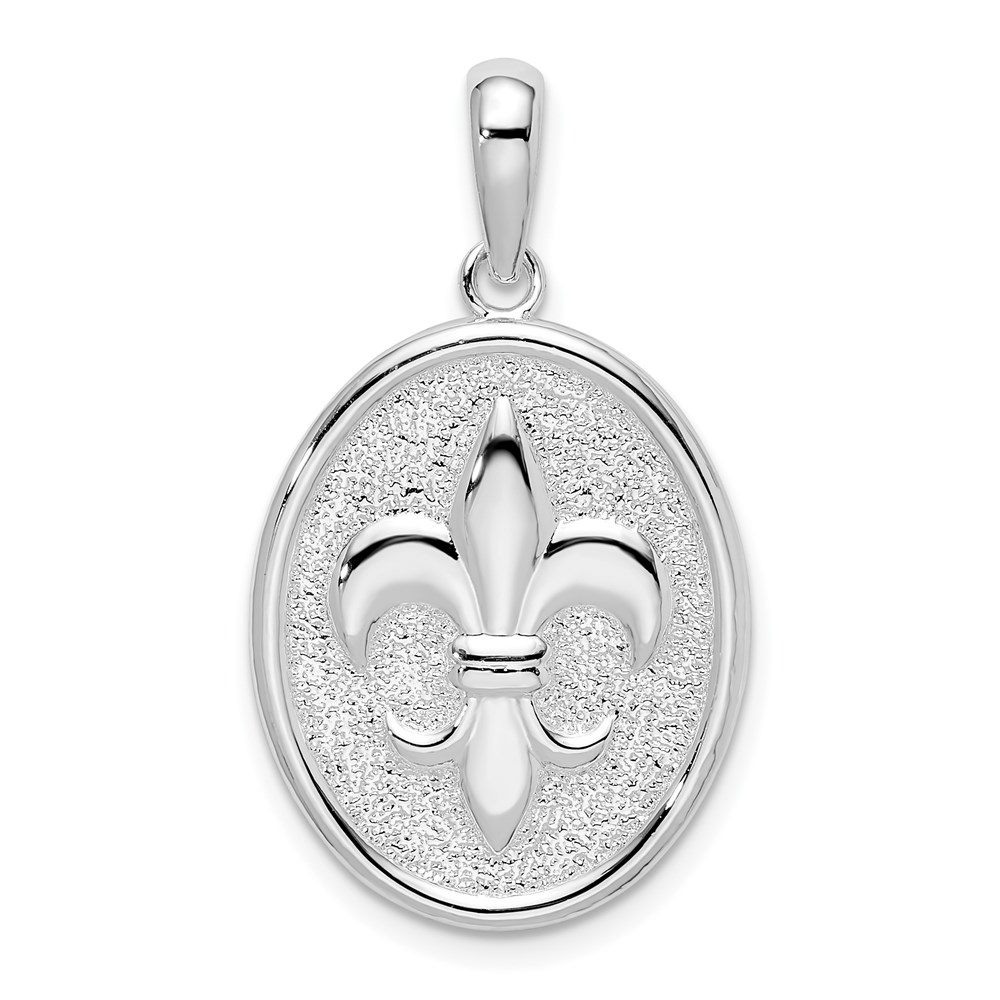 QC10134.jpg De-Ani Sterling Silver Rhodium-Plated Polished and Textured Fleur de Lis Oval Pendant - Image 1