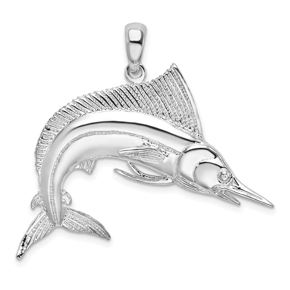QC10144.jpg De-Ani Sterling Silver Rhodium-Plated Polished and Satin Striped Marlin Pendant - Image 1