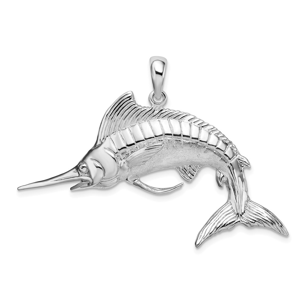 QC10145.jpg De-Ani Sterling Silver Rhodium-Plated Polished and Satin 3D White Marlin Pendant - Image 1