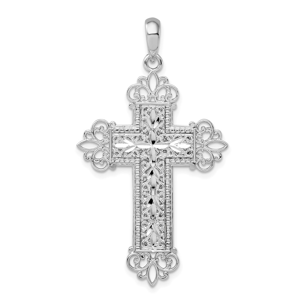 QC10194.jpg De-Ani Sterling Silver Rhodium-Plated Diamond-Cut Filigree Fleur de Lis Cross Pendant - Image 1